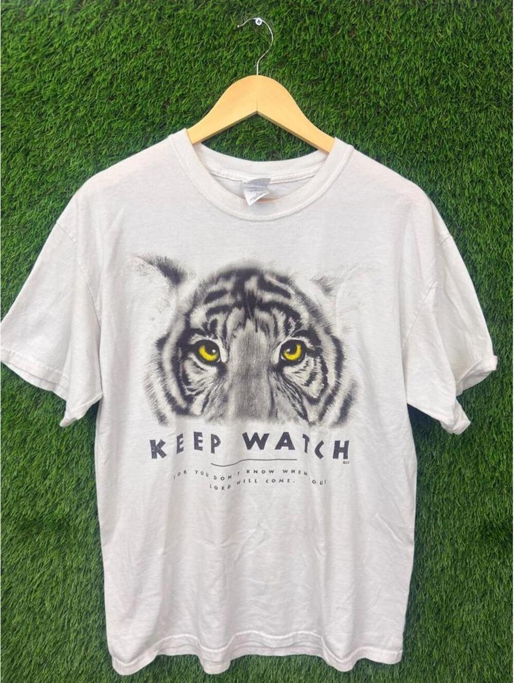 Y2K Gildan Keep Watch Tiger Christian Graphic T-Shirt White Size Large